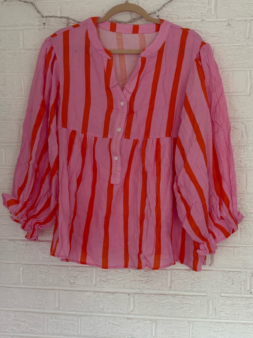 Amazon Pink and Red Striped Peasant Blouse